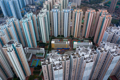 High angle view of modern buildings in city