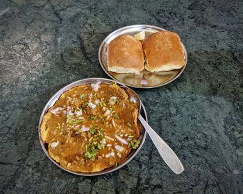 High angle view of breakfast on table