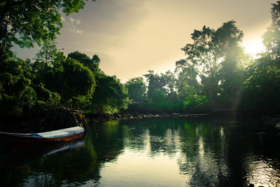 Scenic view of lake by trees against sky