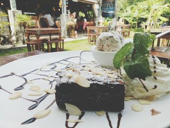 Close-up of cake served on table