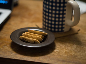 Close-up of cookies in plate on table