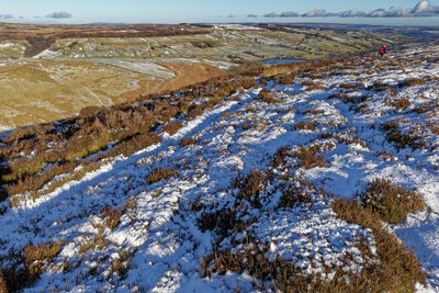 High angle view of snow covered land