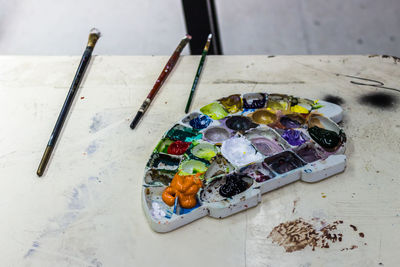 High angle view of multi colored pencils on table