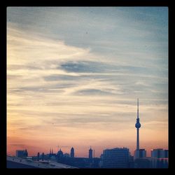 City skyline at sunset