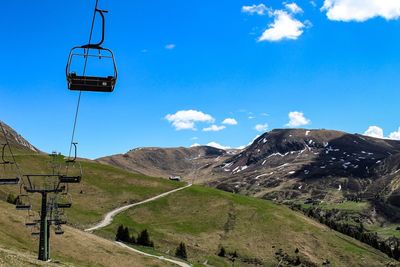 Overhead cable car against mountain range