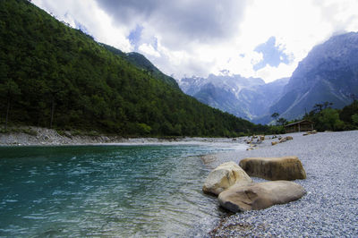 Scenic view of lake against cloudy sky