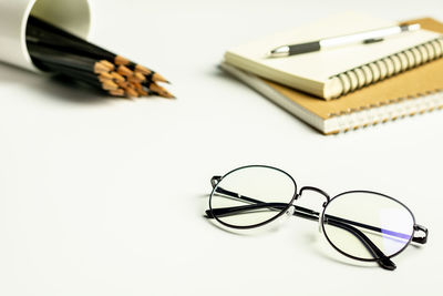 High angle view of eyeglasses on table