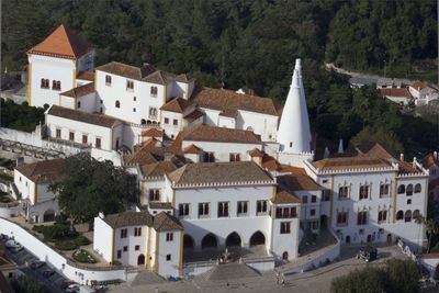 High angle view of buildings in town