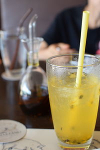 Close-up of beer glass on table