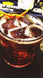 High angle view of beer in glass on table