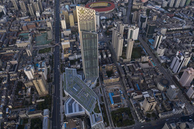 High angle view of modern buildings in city