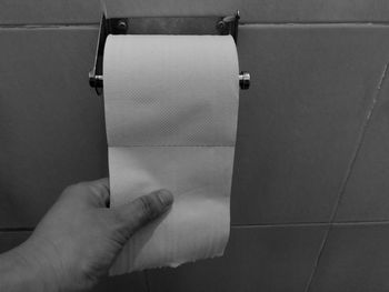 Cropped hand of man holding toilet paper in bathroom