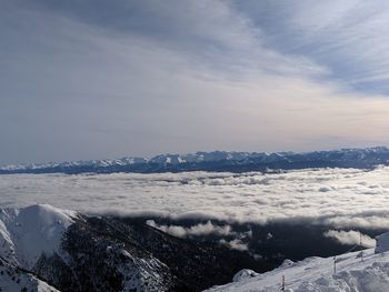Scenic view of snow covered mountains against sky