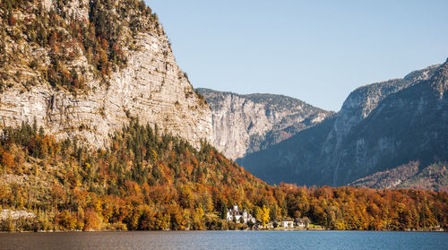 Scenic view of lake and mountains against clear sky