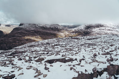 Scenic view of snow covered mountains against sky