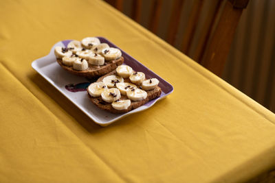 High angle view of dessert in plate on table