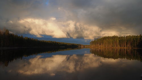 Scenic view of calm lake with trees and clouds reflection