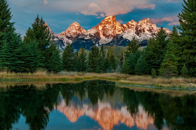 Idyllic shot of snowcapped grand teton mountains reflection in lake