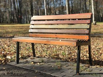 Empty bench in park during autumn