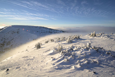 Scenic view of snow covered landscape against sky