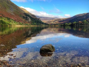 Scenic view of calm lake against mountain range