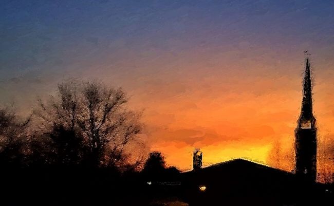 building exterior, architecture, built structure, silhouette, sunset, sky, tree, low angle view, bare tree, tower, city, dusk, tall - high, cloud - sky, orange color, outdoors, no people, nature, scenics, building