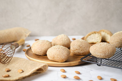 High angle view of cookies in plate on table