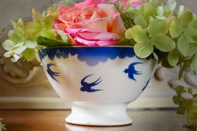Close-up of pink roses on table with antique swallow pattern bowl