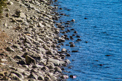 High angle view of people on rock by sea