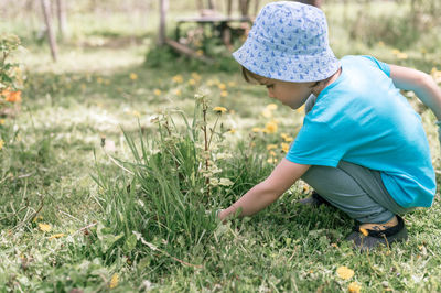 Cute candid little six year old kid boy gardener and farmer with hands in gloves pull and weeding