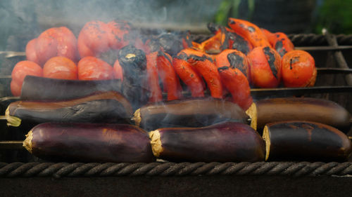 Close-up of food on barbecue grill