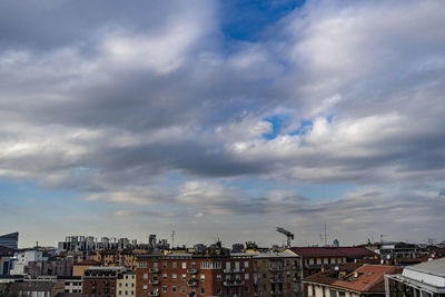 High angle view of buildings against sky