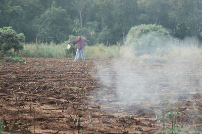 Scarecrow on field against trees