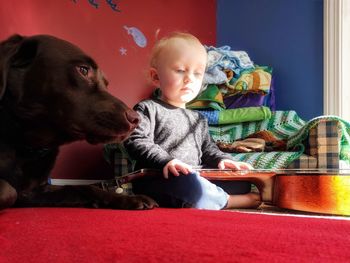 Thoughtful boy playing with guitar by dog at home