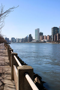 River by buildings against clear sky