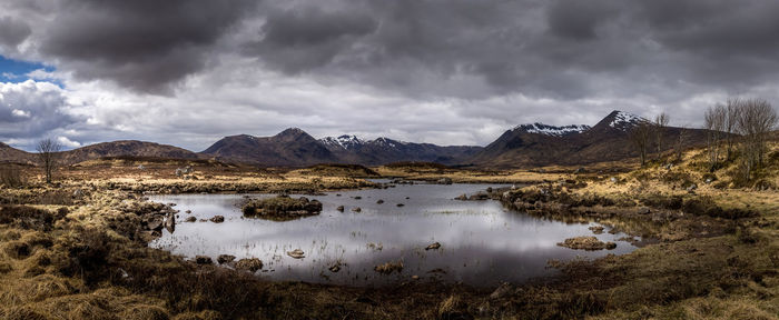 Scenic view of lake and mountains against sky