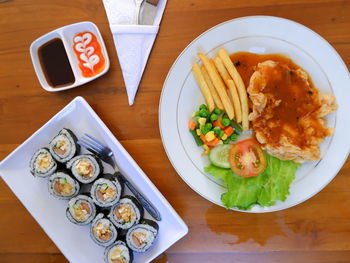 High angle view of food served on table