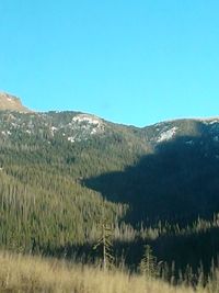 Scenic view of mountains against clear blue sky