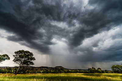 Scenic view of storm clouds over field