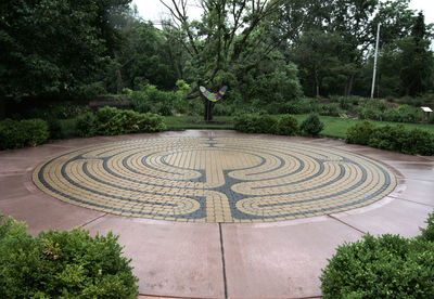 Meditation path made of bricks in the rain
