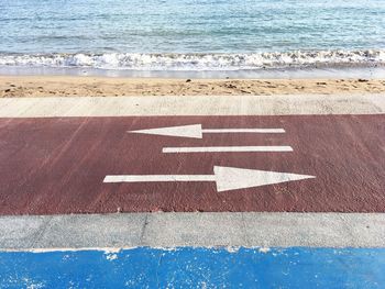 High angle view of arrow sign on beach