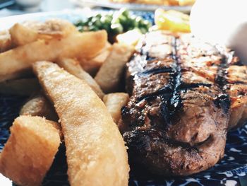 Close-up of french fries and meat served in plate