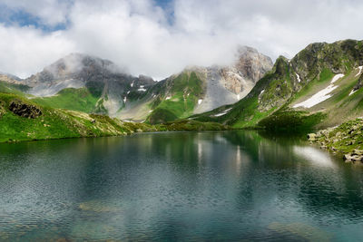 Scenic view of lake and mountains against sky