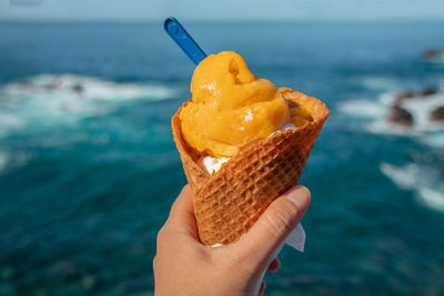 Close-up of hand holding ice cream cone