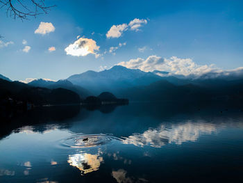 Scenic view of lake by mountains against sky