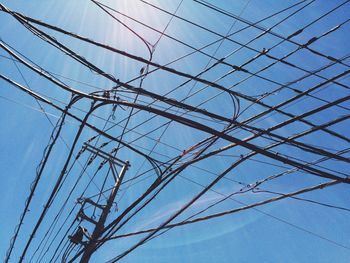 Low angle view of electricity pylon against clear sky