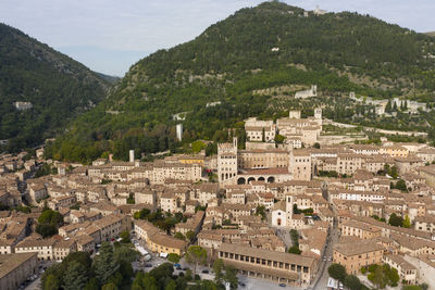 Frontal panoramic aerial view of medieval town of gubbio umbria italy