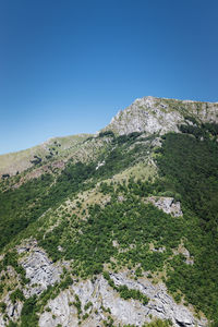 Scenic view of rocky mountains against clear blue sky