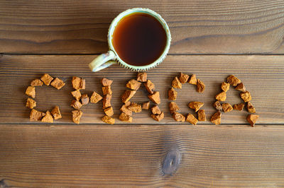 High angle view of coffee on table