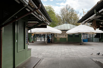 No people in empty marketplace, all the market stalls are closed in viktualienmarkt